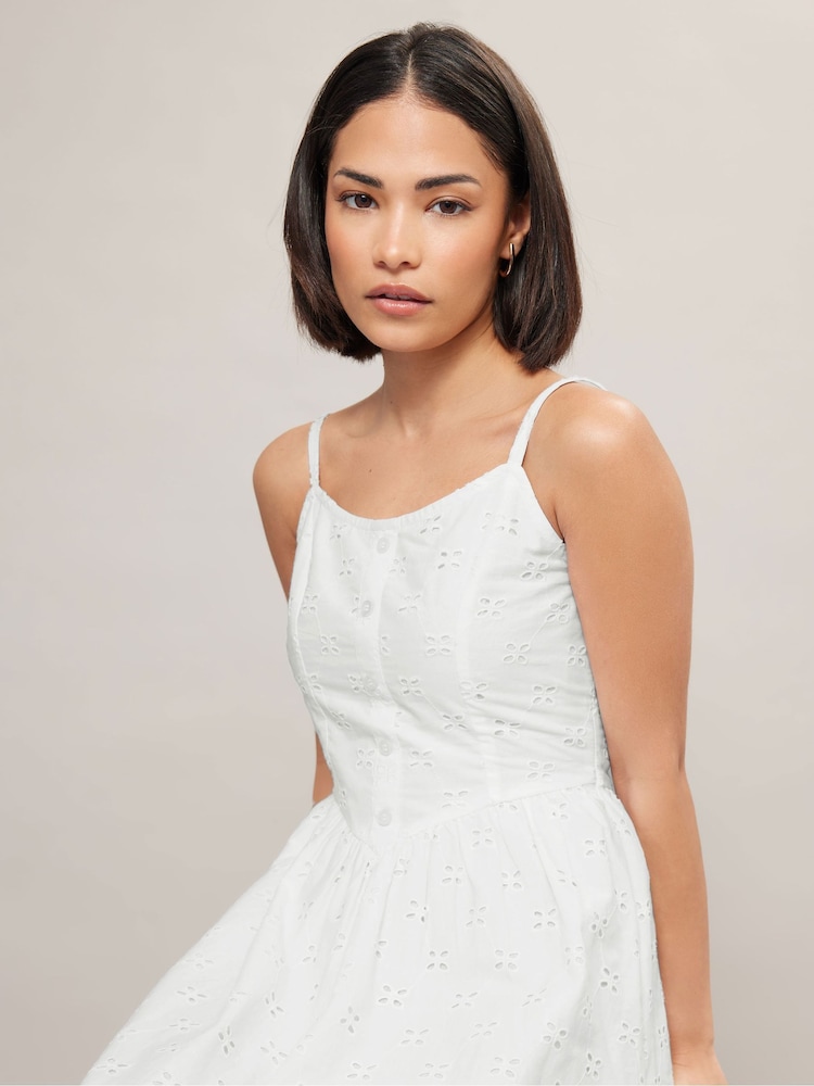 PixieGirl Petite White Broderie Button Front 100% Cotton Dress - Image 5 of 6