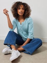 M&Co Blue Ditsy 100% Cotton 3/4 Sleeve Henley Top - Image 1 of 5