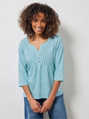 M&Co Blue Ditsy 100% Cotton 3/4 Sleeve Henley Top - Image 2 of 5