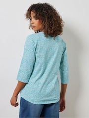 M&Co Blue Ditsy 100% Cotton 3/4 Sleeve Henley Top - Image 4 of 5