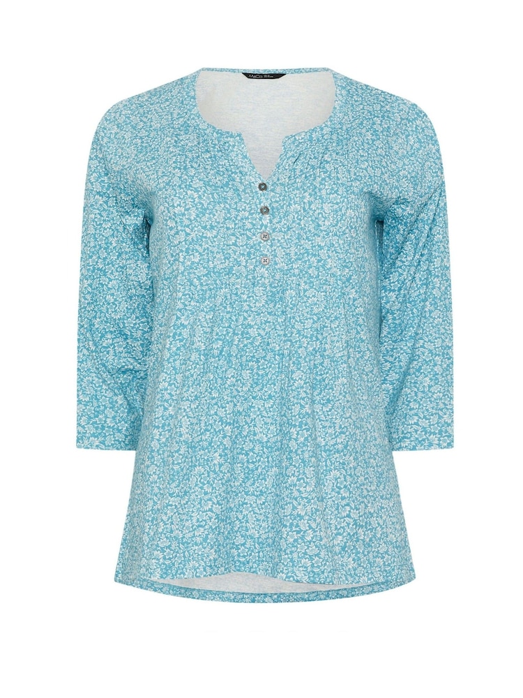 M&Co Blue Ditsy 100% Cotton 3/4 Sleeve Henley Top - Image 5 of 5 M&Co Blue Ditsy 100% Cotton 3/4 Sleeve Henley Top - Image 5 of 5
