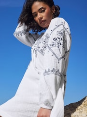 PixieGirl Petite White Emroidered Long Sleeve Mini Smock 100% Cotton Dress - Image 4 of 6