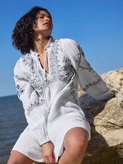 PixieGirl Petite White Emroidered Long Sleeve Mini Smock 100% Cotton Dress - Image 5 of 6