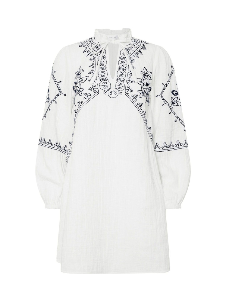 PixieGirl Petite White Emroidered Long Sleeve Mini Smock 100% Cotton Dress - Image 6 of 6