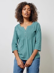 M&Co Blue 100% Cotton 3/4 Sleeve Henley Top - Image 1 of 5