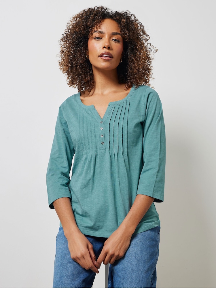 M&Co Blue 100% Cotton 3/4 Sleeve Henley Top - Image 1 of 5