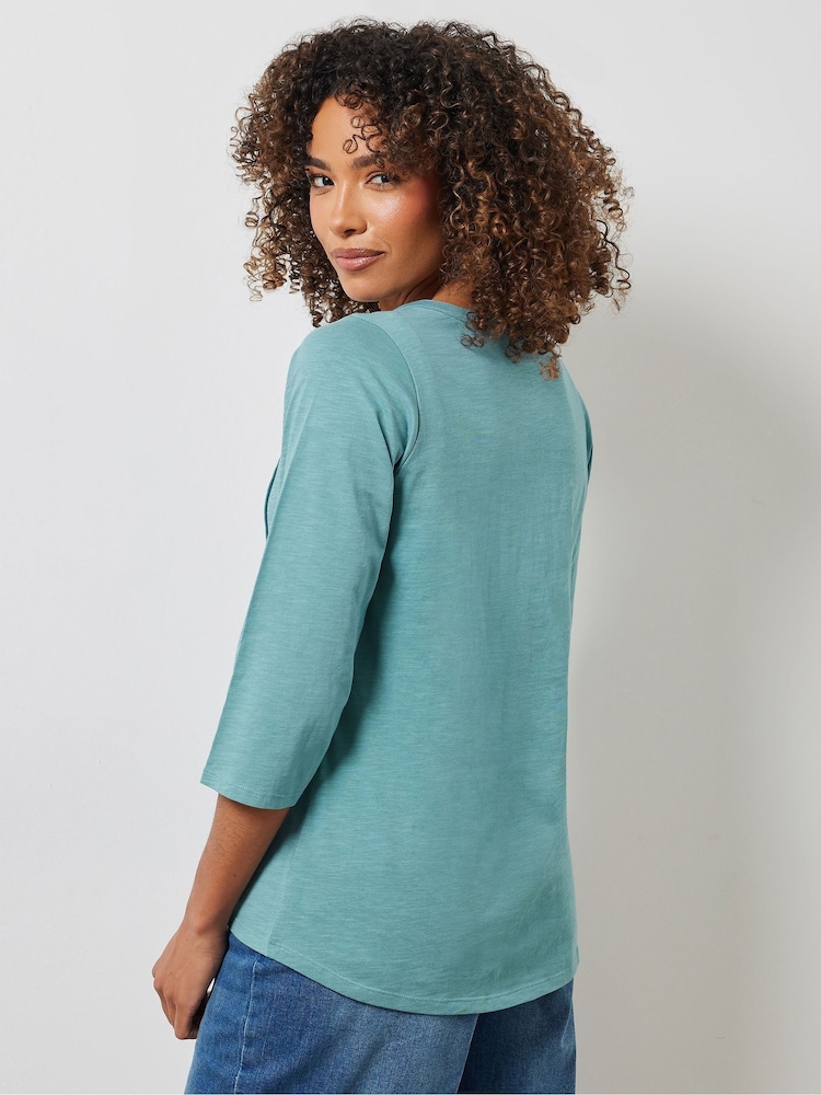 M&Co Blue 100% Cotton 3/4 Sleeve Henley Top - Image 2 of 5
