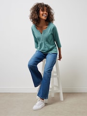 M&Co Blue 100% Cotton 3/4 Sleeve Henley Top - Image 3 of 5