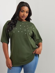 Yours Curve Green 100% Cotton Eyelet Yolk Relaxed Shoulder Top - Image 1 of 5