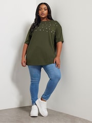 Yours Curve Green 100% Cotton Eyelet Yolk Relaxed Shoulder Top - Image 2 of 5