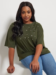 Yours Curve Green 100% Cotton Eyelet Yolk Relaxed Shoulder Top - Image 4 of 5