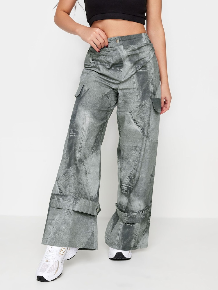PixieGirl Petite Grey Denim Print Cargo 100% Cotton Trousers - Image 1 of 4