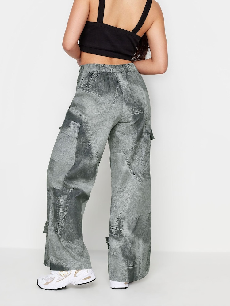 PixieGirl Petite Grey Denim Print Cargo 100% Cotton Trousers - Image 2 of 4
