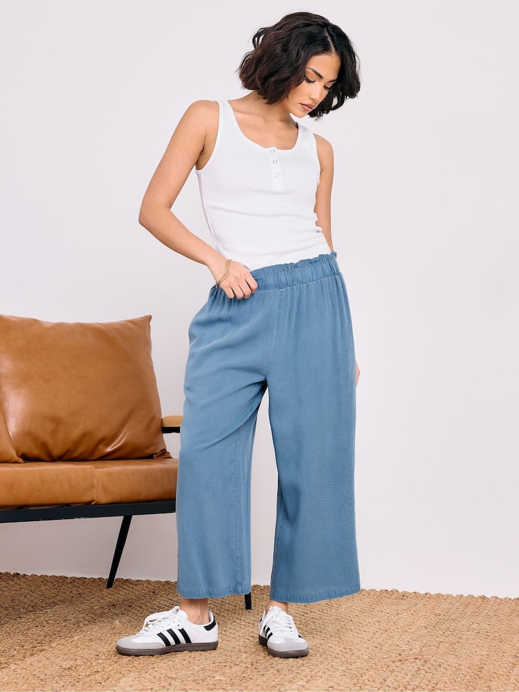 PixieGirl Petite Blue Acid Wash Cropped 100% Cotton Trousers - Image 1 of 5