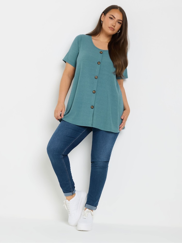 Yours Curve Blue Button Front Ribbed Blouses - Image 2 of 4