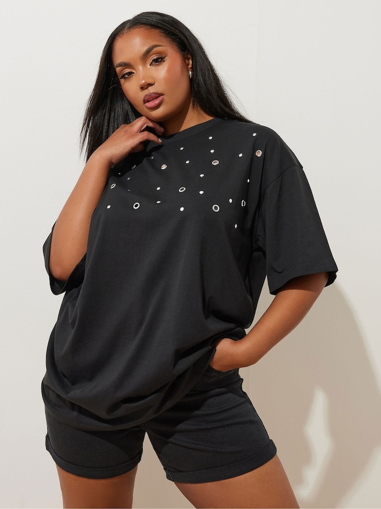 Negro - Yours Curve 100% Cotton Eyelet Yolk Relaxed Shoulder Top - Imagen 1 de 5