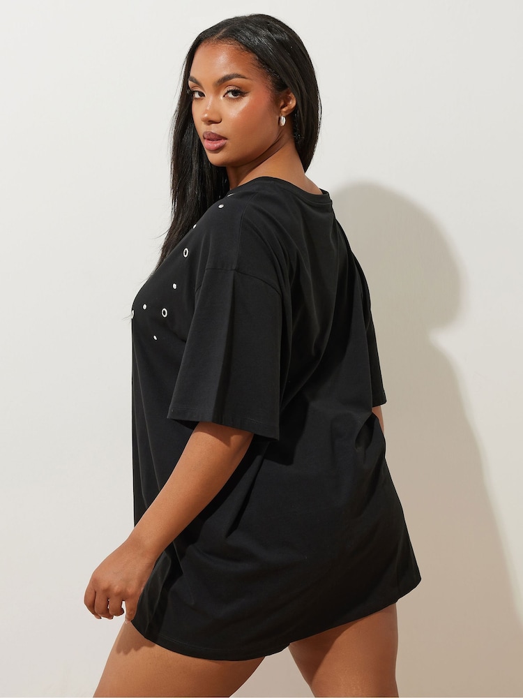 Yours Curve Black 100% Cotton Eyelet Yolk Relaxed Shoulder Top - Image 3 of 5