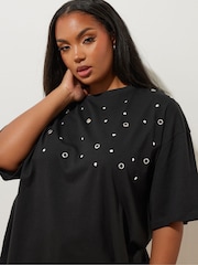 Negro - Yours Curve 100% Cotton Eyelet Yolk Relaxed Shoulder Top - Imagen 4 de 5
