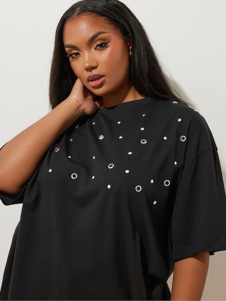 Yours Curve Black 100% Cotton Eyelet Yolk Relaxed Shoulder Top - Image 4 of 5
