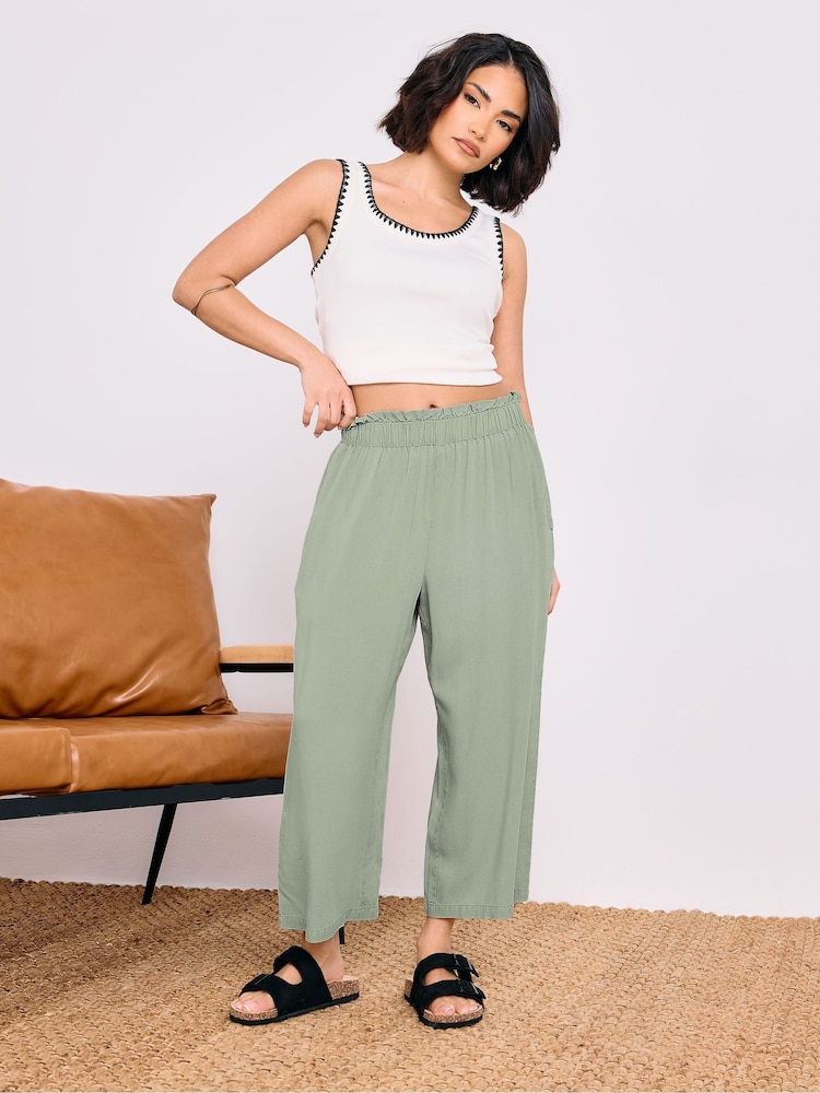 PixieGirl Petite Sage Green Acid Wash Cropped 100% Cotton Trousers - Image 2 of 4