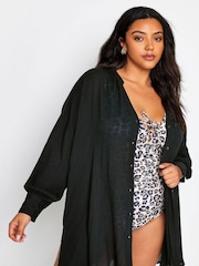 Yours Curve Black Button Up Beach Shirt - Image 1 of 5