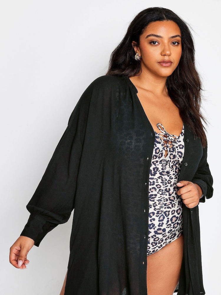 Yours Curve Black Button Up Beach Shirt - Image 1 of 5