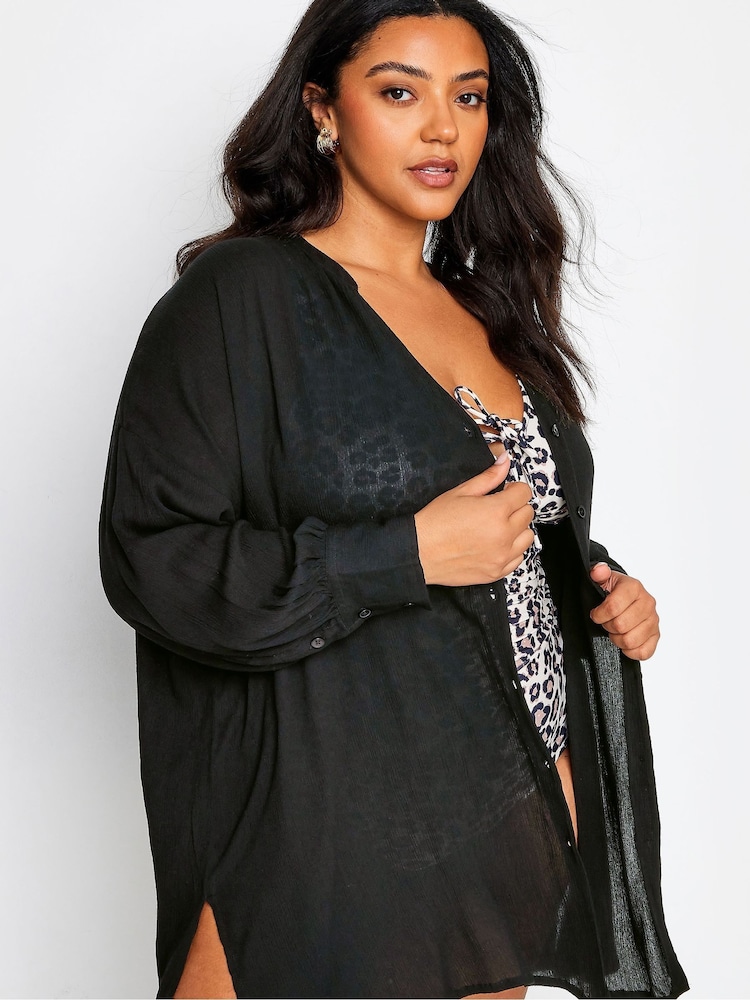 Yours Curve Black Button Up Beach Shirt - Image 2 of 5