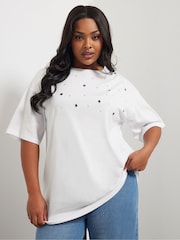 Yours Curve White 100% Cotton Eyelet Yolk Relaxed Shoulder Top - Image 2 of 5