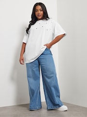 Yours Curve White 100% Cotton Eyelet Yolk Relaxed Shoulder Top - Image 3 of 5