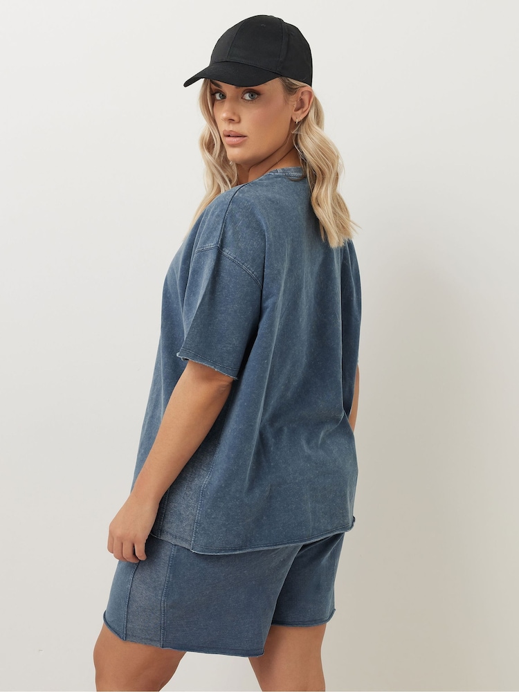 Yours Curve Blue 100% Cotton Acid Wash T-Shirt - Image 5 of 6