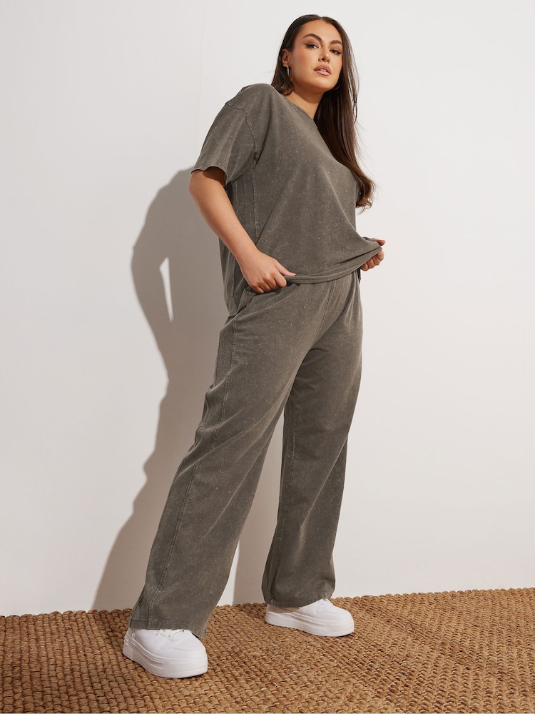 Yours Curve Brown 100% Cotton Acid Wash Wide Leg Joggers - Image 1 of 6