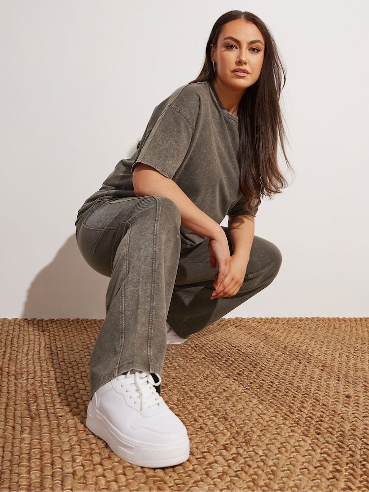 Yours Curve Brown 100% Cotton Acid Wash Wide Leg Joggers - Image 2 of 6