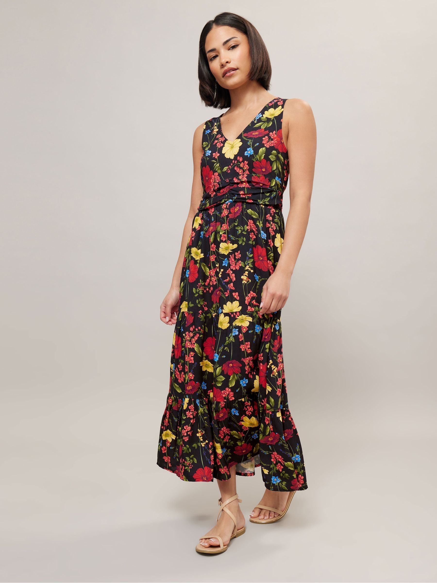 PixieGirl Petite Black Floral Ruched Waist Tiered Maxi Dress
