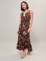 PixieGirl Petite Black Floral Ruched Waist Tiered Maxi Dress - Image 1 of 5
