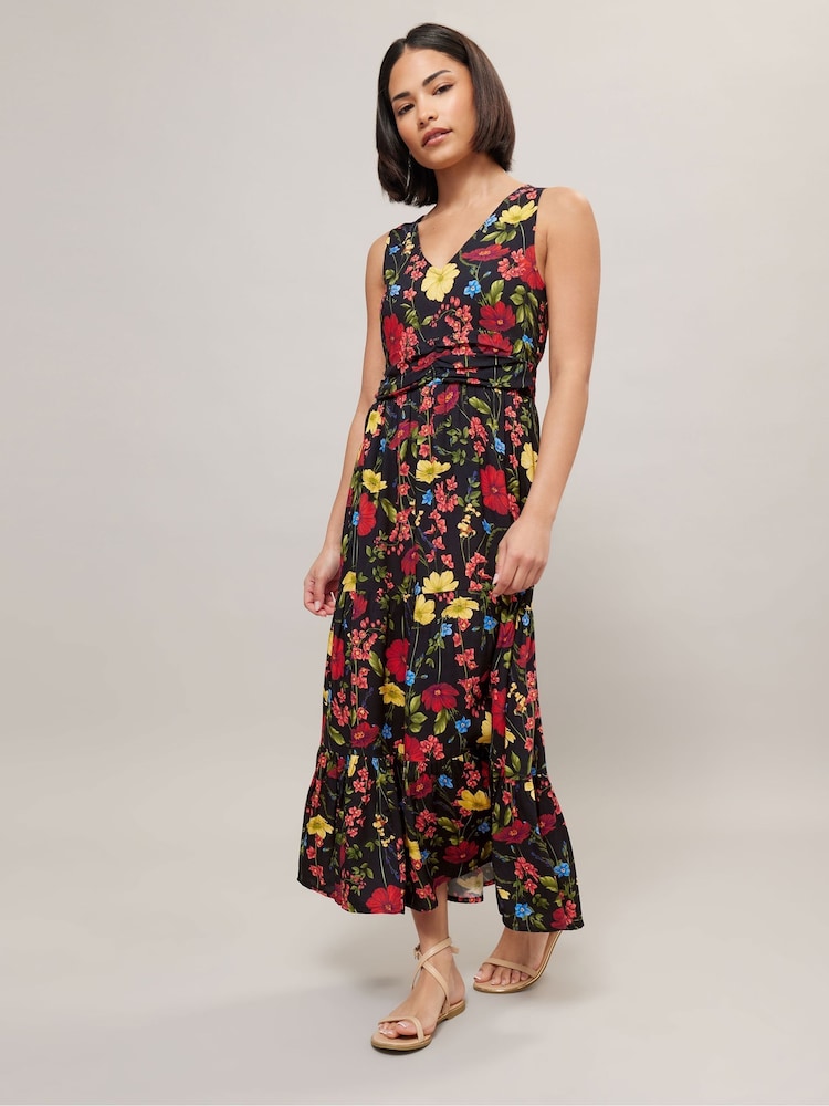 PixieGirl Petite Black Floral Ruched Waist Tiered Maxi Dress - Image 1 of 5