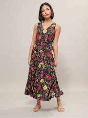 PixieGirl Petite Black Floral Ruched Waist Tiered Maxi Dress - Image 2 of 5