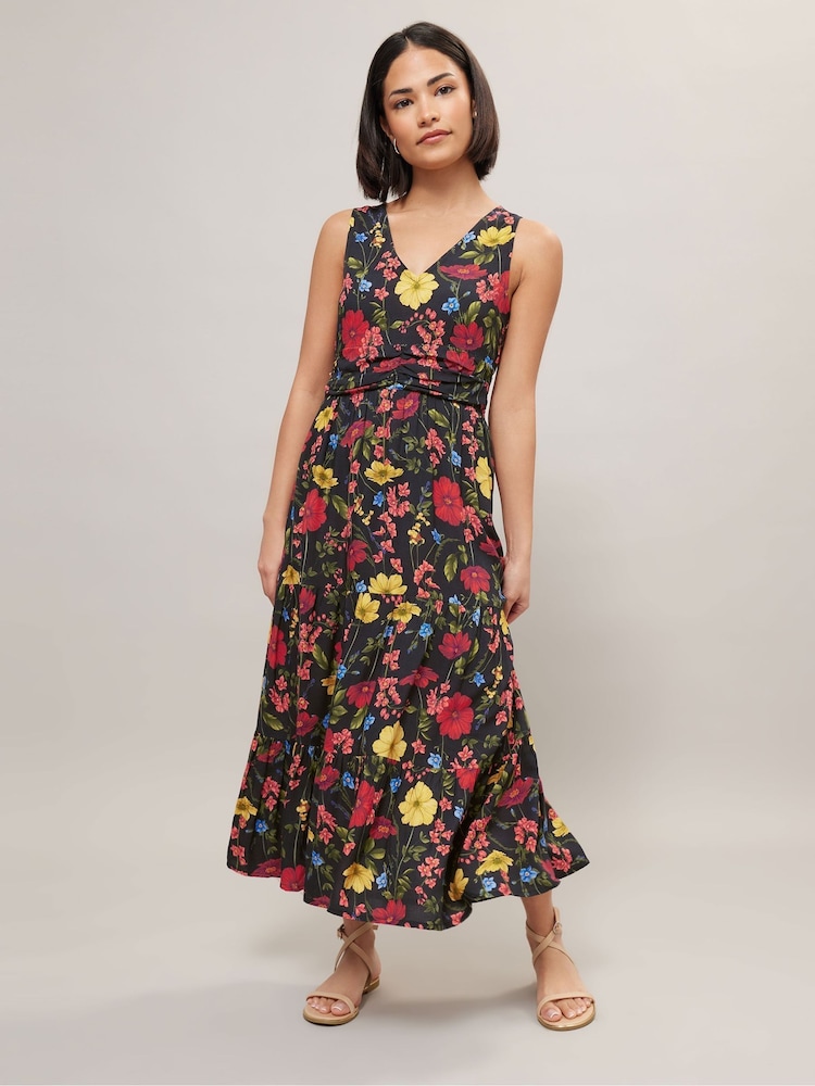 PixieGirl Petite Black Floral Ruched Waist Tiered Maxi Dress - Image 2 of 5