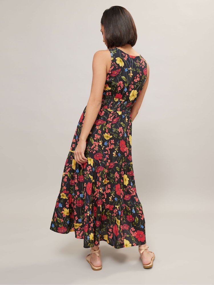 PixieGirl Petite Black Floral Ruched Waist Tiered Maxi Dress - Image 3 of 5