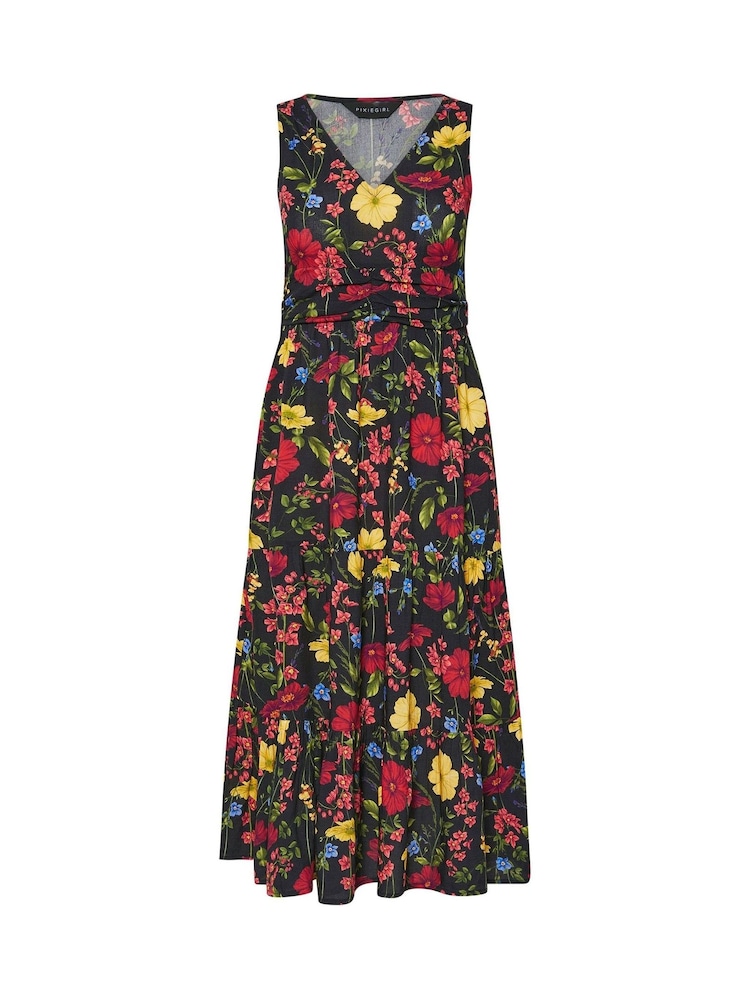 PixieGirl Petite Black Floral Ruched Waist Tiered Maxi Dress - Image 5 of 5