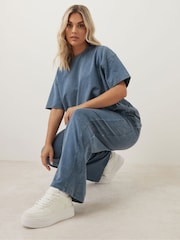 Yours Curve Blue 100% Cotton Acid Wash Wide Leg Joggers - Image 1 of 6
