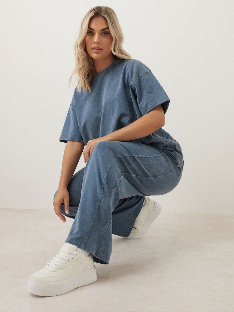 Yours Curve Blue 100% Cotton Acid Wash Wide Leg Joggers - Image 1 of 6