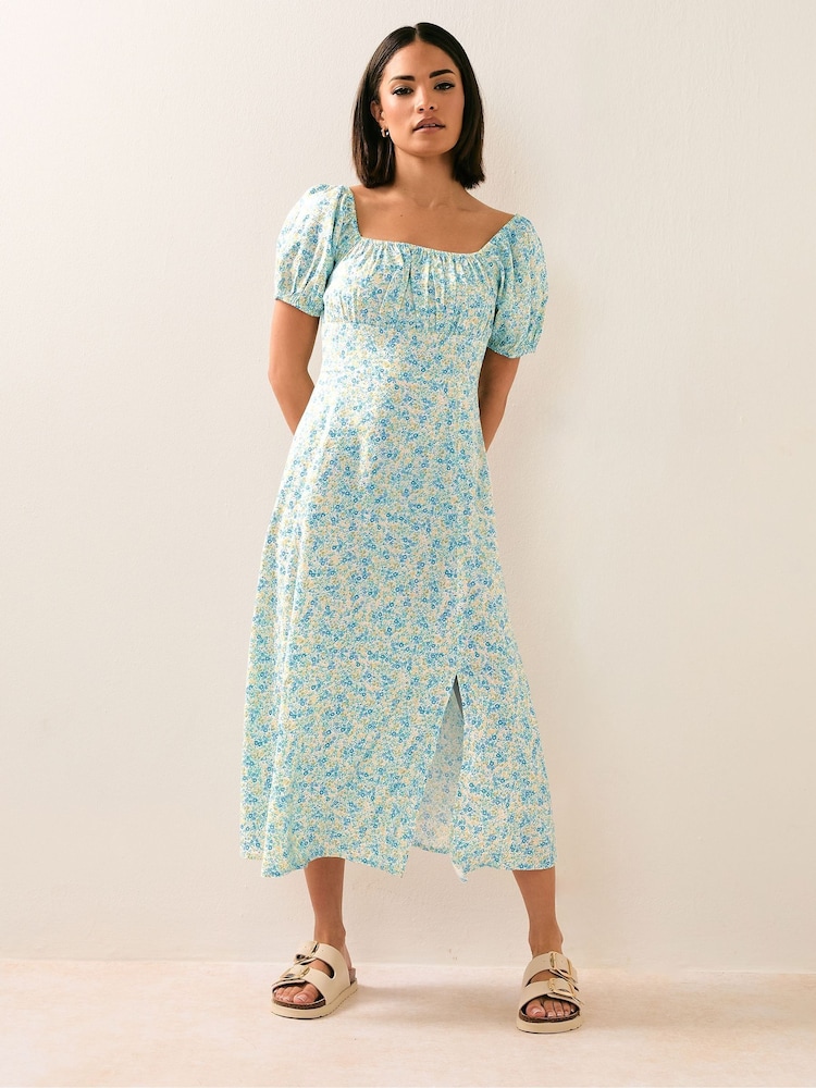 PixieGirl Petite Blue Ditsy Ruched Midi Dress - Image 3 of 6
