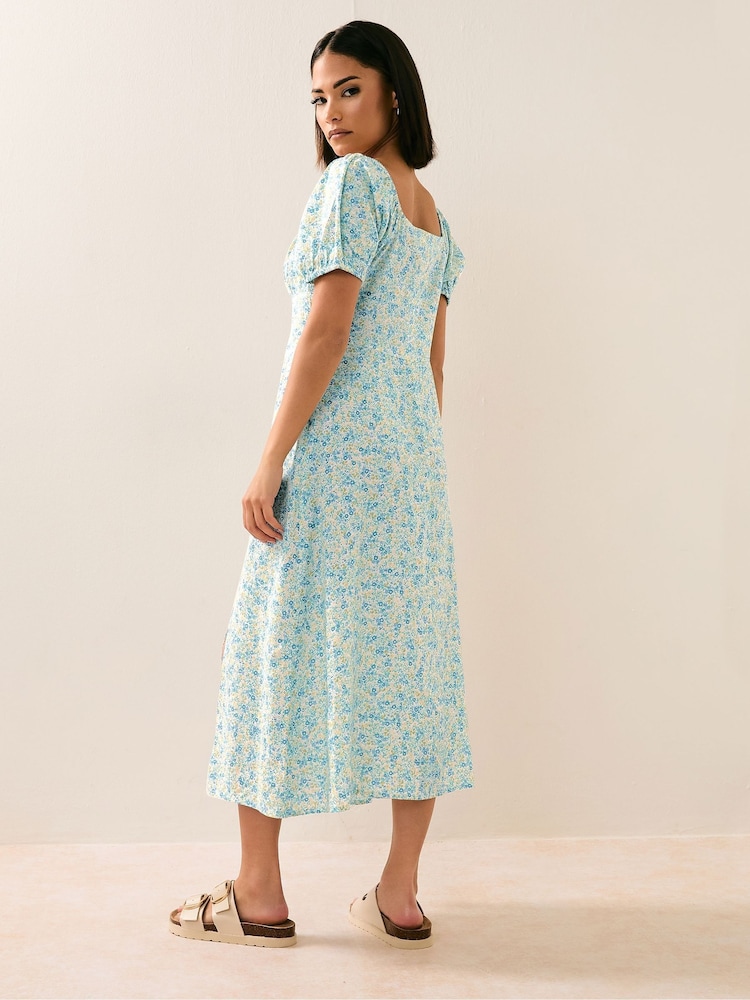 PixieGirl Petite Blue Ditsy Ruched Midi Dress - Image 4 of 6