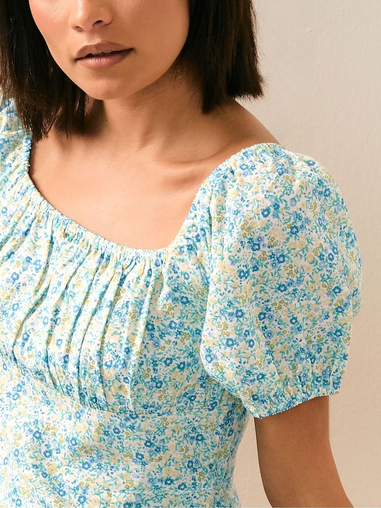 PixieGirl Petite Blue Ditsy Ruched Midi Dress - Image 5 of 6
