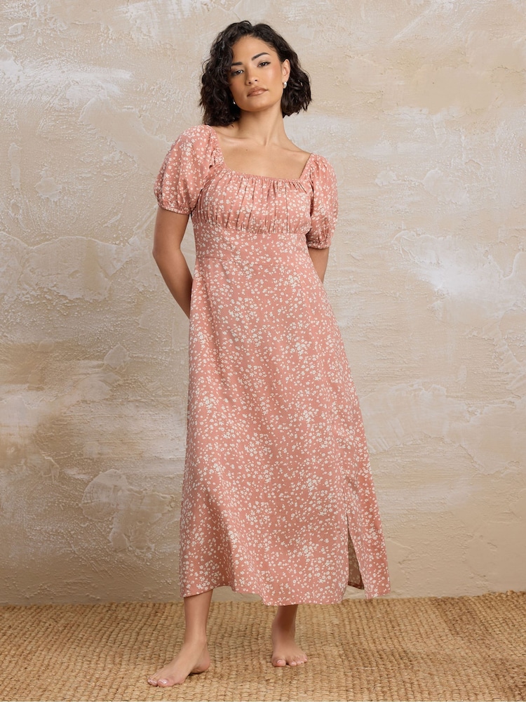 כתום - PixieGirl Petite Ditsy Ruched Midi Dress - תמונה 1 מתוך 5
