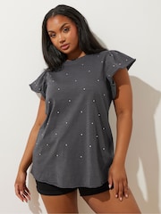 Yours Curve Grey 100% Cotton Frilled Sleeve Studded T-Shirt - Image 1 of 6
