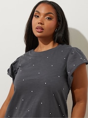 Yours Curve Grey 100% Cotton Frilled Sleeve Studded T-Shirt - Image 2 of 6