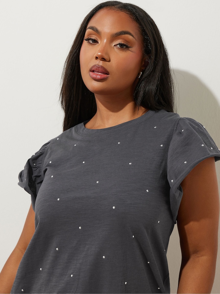 Yours Curve Grey 100% Cotton Frilled Sleeve Studded T-Shirt - Image 2 of 6