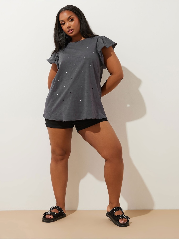 Yours Curve Grey 100% Cotton Frilled Sleeve Studded T-Shirt - Image 3 of 6