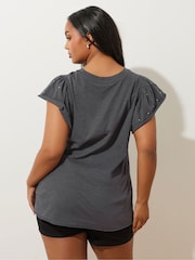 Yours Curve Grey 100% Cotton Frilled Sleeve Studded T-Shirt - Image 4 of 6